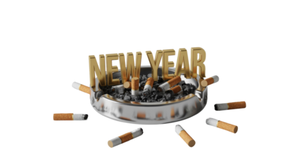 Golden 'NEW YEAR' text rises from an ashtray overflowing with cigarette butts and ash, symbolizing resolutions to quit smoking or past habits. background removed