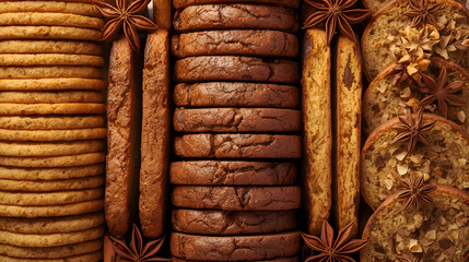 Delicious speculoos cookie and crispy biscotti beautifully arranged. Generous copy space allows custom text. buttery treat, perfect for warm rum beverage, creating joyful, festive mood