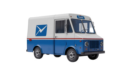Naklejka premium A blue and white classic delivery truck with an envelope logo and 'Mobial' branding, like a postal vehicle, isolated on green. background removed