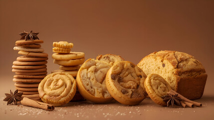 Speculoos cookies and golden panettone bread evoke comforting warmth. Enjoy hot buttered rum biscotti. Ample copy space presents opportunity for text