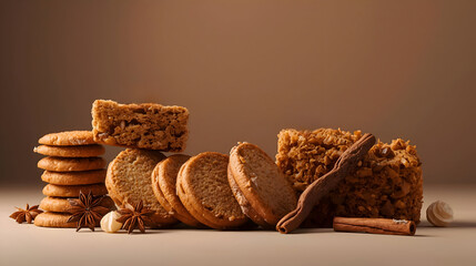 Speculoos cookies and tempting biscotti provide perfect copy space for text. Warm, buttered baked delights promise comfort. Imagine panettone and bread for similar rich, delightful