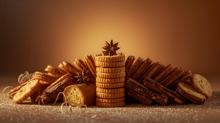 Delightful arrangement of speculoos cookies and biscotti. Warm spiced treats, perfect with hot buttered rum drink, provide inviting copy space for text. Panettone bread shares festive spirit