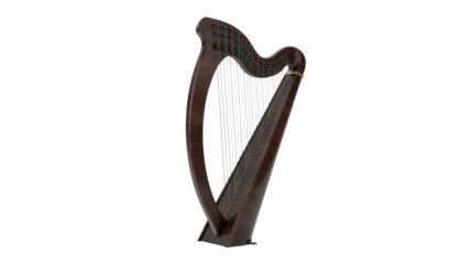 A beautifully rendered dark wooden harp stands elegantly, showcasing its intricate strings on a solid transparent background. A classic string instrument. background removed