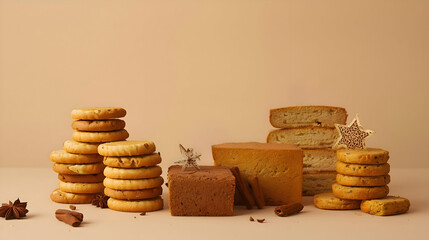 Warm speculoos cookies and panettone bread offer delightful festive treat. Imagine hot buttered rum alongside these tempting biscotti. Generous copy space allows for custom text