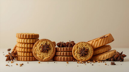 Delicious speculoos cookies and crisp biscotti arranged artfully, exuding warm inviting scene. delightful assortment offers generous copy space for text, perfect for holiday greetings or bakery