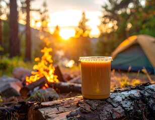 A cup of warm beverage sits on a log in a forest campsite. A campfire burns brightly as the sun sets, illuminating the tent