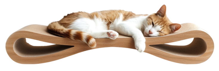 A cat sleeps soundly on a minimalist scratcher. The scratcher has an angled design and is placed on a transparent background. The cat's fur color features orange and white