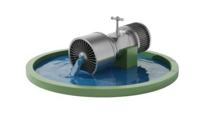 A sleek, silver industrial pump or turbine device pours blue liquid into a green circular basin, symbolizing water flow and processing. background removed