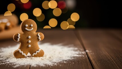 Smiling Gingerbread Man Cookie on Festive Wooden Table