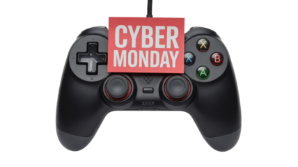 A black game controller with a red 'Cyber Monday' note attached, symbolizing gaming deals and sales for the online shopping event. background removed