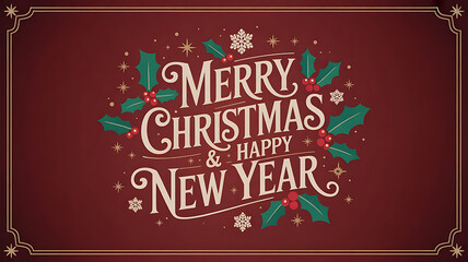 Merry christmas and happy new year text with holly leaves and snowflakes on a maroon background