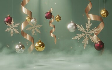 Floating Christmas Ornaments in Soft Green Mist