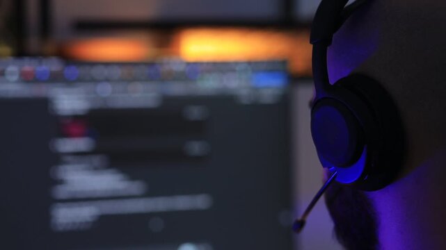Close-up of man with headset working at computer in dark room