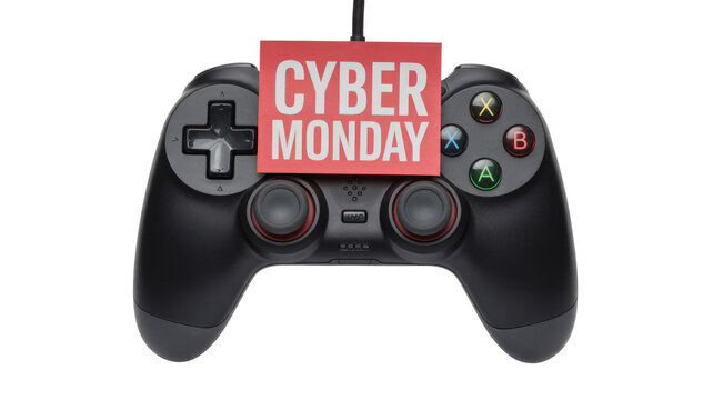 A black game controller with a red 'Cyber Monday' note attached, symbolizing gaming deals and sales for the online shopping event. background removed - Powered by Adobe