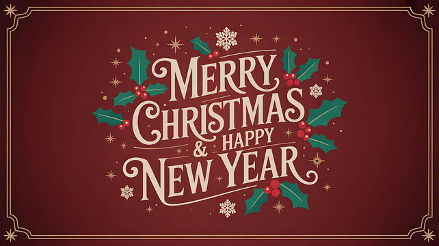 Merry christmas and happy new year text with holly leaves and snowflakes on a maroon background