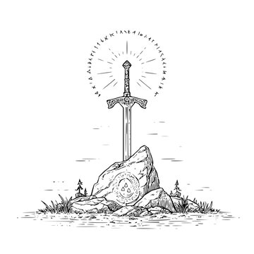 Illustration of a sword in a stone with runic circle and grass and trees in black and white style
