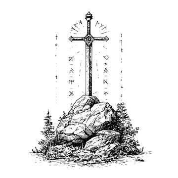 Sword in the stone with runic inscriptions and foliage in a black and white drawing style illustration