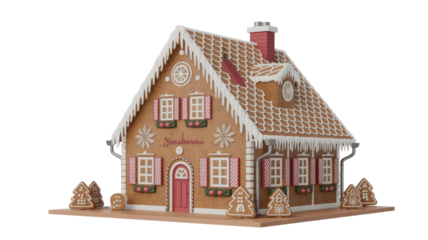 A festive gingerbread house, intricately decorated with white icing, red shutters, and a chimney. Surrounded by gingerbread trees, perfect for holiday themes. background removed