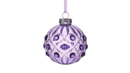 A beautiful purple faceted glass Christmas ornament with a diamond pattern and raised dots, hanging from a ribbon. background removed