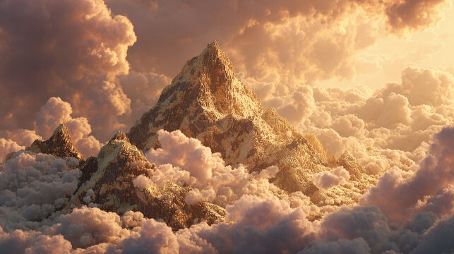 Fototapeta Majestic mountain peak rising through the clouds, illuminated by the warm light of dawn. The peak is surrounded by a sea of clouds, creating a breathtaking and ethereal landscape