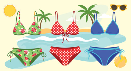 A colorful collection of three different stylish bikinis for women on a tropical beach background for summer vacation.