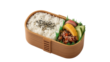 A Japanese bento box featuring white rice with sesame, tamagoyaki, cucumber, pickled radish, and a delicious saucy meat or vegetable dish. Transparent background. background removed