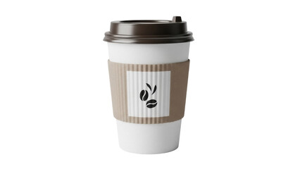 Coffee cup with coffee beans logo isolated PNG, takeaway hot drink in paper cup with brown lid and cardboard sleeve on transparent background