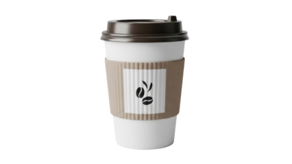 Coffee cup with coffee beans logo isolated PNG, takeaway hot drink in paper cup with brown lid and cardboard sleeve on transparent background