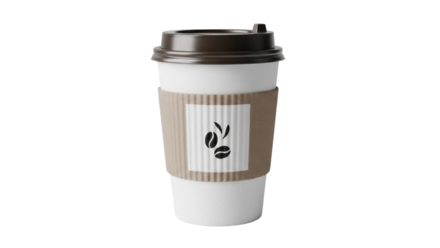 Coffee cup with coffee beans logo isolated PNG, takeaway hot drink in paper cup with brown lid and cardboard sleeve on transparent background