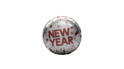A shiny silver foil balloon featuring bold red 'NEW YEAR' text, decorated with festive snowflakes and geometric patterns, ready for celebrations. background removed