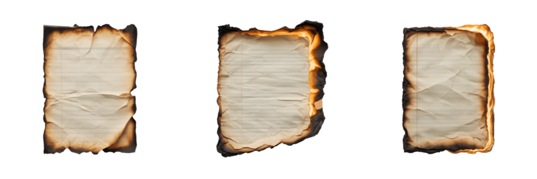 Three burnt paper scrolls with text isolated on transparent background
