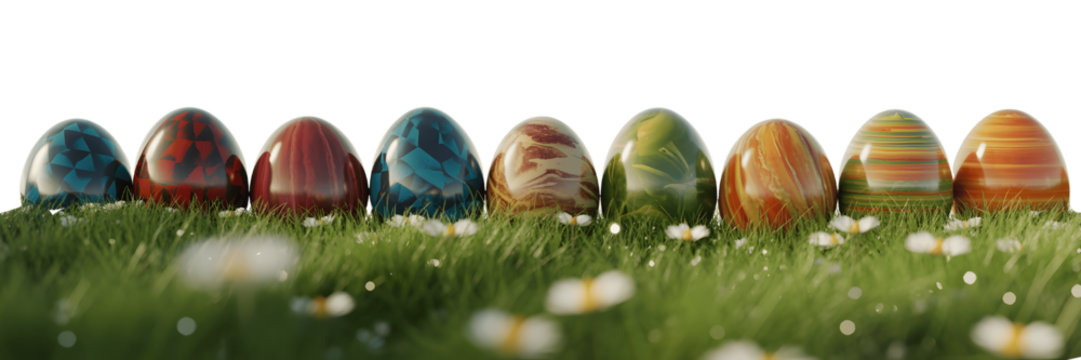 Row of colorful painted easter eggs on green grass isolated on transparent background
