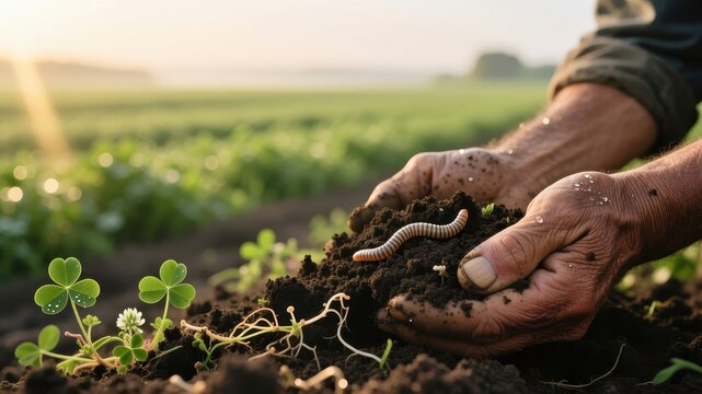 Farmer’s hands holding rich soil with earthworm and clover, sunrise in field - Powered by Adobe