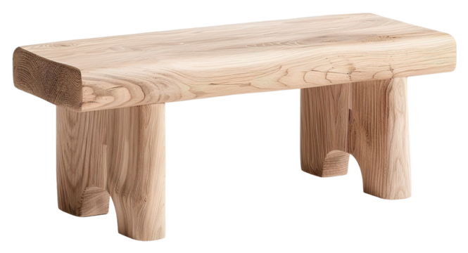 This oak bench features a slim profile and natural wood grain. It is cut out and placed on a transparent background, suitable for various design and decor uses