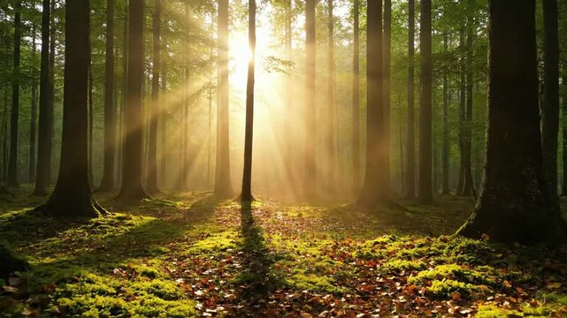 Sunlit misty forest with Rays of sunlight in the effect nature landscape style featuring light rays, nature landscape, sunlight,