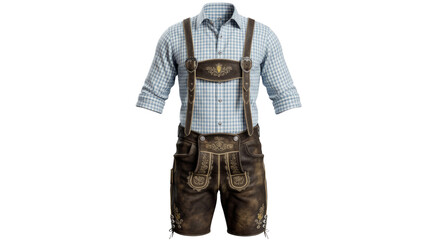 Traditional German Oktoberfest attire featuring brown leather lederhosen with intricate embroidery, paired with a light blue and white checkered shirt and suspenders. background removed