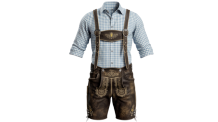 Traditional German Oktoberfest attire featuring brown leather lederhosen with intricate embroidery, paired with a light blue and white checkered shirt and suspenders. background removed