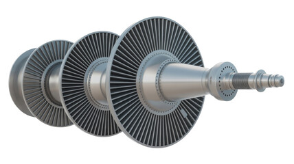 A precision 3D render of a multi-stage metallic turbine rotor, featuring numerous blades on a central shaft for power generation machinery. background removed