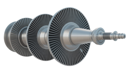 A precision 3D render of a multi-stage metallic turbine rotor, featuring numerous blades on a central shaft for power generation machinery. background removed