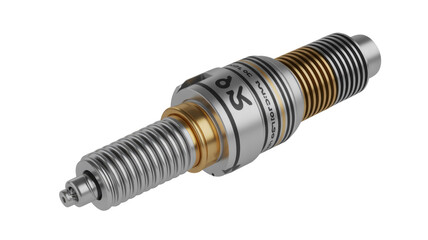 A detailed 3D render of a metallic, threaded precision component with gold and silver accents, possibly an industrial sensor or specialized spark plug. background removed