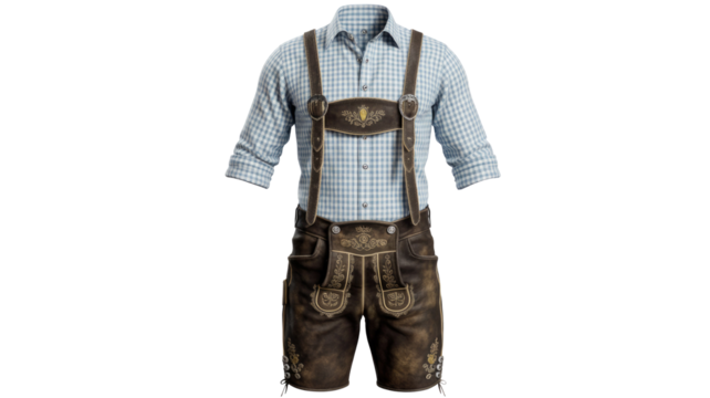 Traditional German Oktoberfest attire featuring brown leather lederhosen with intricate embroidery, paired with a light blue and white checkered shirt and suspenders. background removed - Powered by Adobe