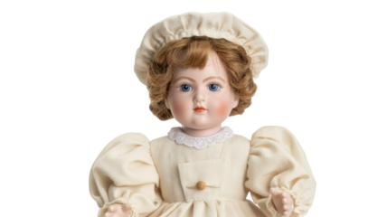 A beautifully crafted vintage porcelain doll featuring blue eyes, rosy cheeks, curly brown hair, dressed in an off-white gown with a matching bonnet and lace collar. background removed