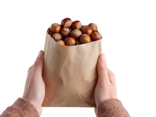 Human Hands Holding Paper Bag with Hazelnuts on Transparent Background