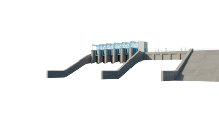 Modern concrete dam with multiple water control gates and blue structural elements, suitable for water management or hydroelectric power generation. background removed