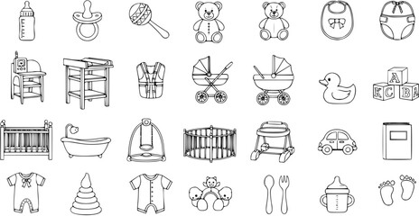 Monochrome Line Art Vector Icon Set of Baby Care Essentials, Toys, Furniture, and Clothing for Newborns and Infants