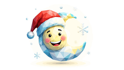 Delightful crescent moon wearing a festive Santa hat spreading holiday cheer with geometric snowflakes creating a whimsical winter wonderland scene