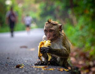 A curious monkey sits on a paved road, eating a banana. Blurred figures of people are in the distance. The scene is amongst greenery