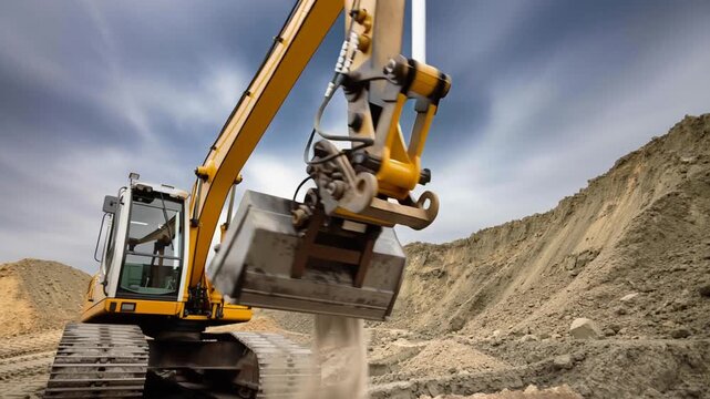 Construction equipment is active at a site where an excavator and loader move dirt and gravel. Work takes place during daylight in an open area.
