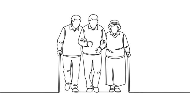 Continuous line drawing of elderly people walking together lineart