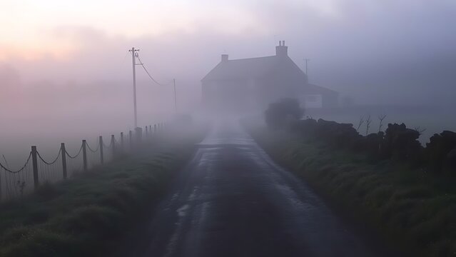 enthalpy. Misty country lane leading to a distant stone cottage. lifestyle magazines, social media lookbooks, designed for influencer and brand collaborations, used by SEO specialists.